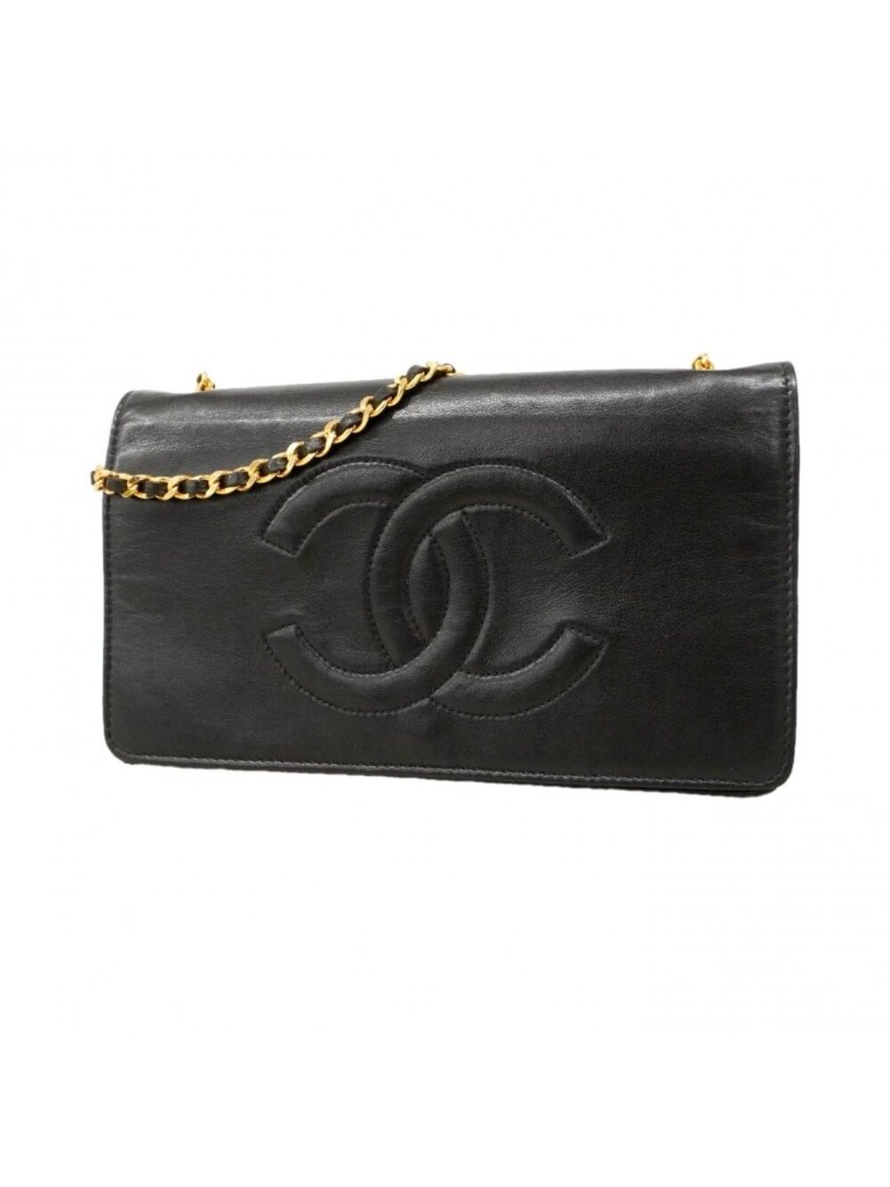 Chanel Shoulder Wallet Leather Black Gold